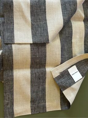 100% Linen Solino Home Table Runner Black Cabana Stripe 14x72 New